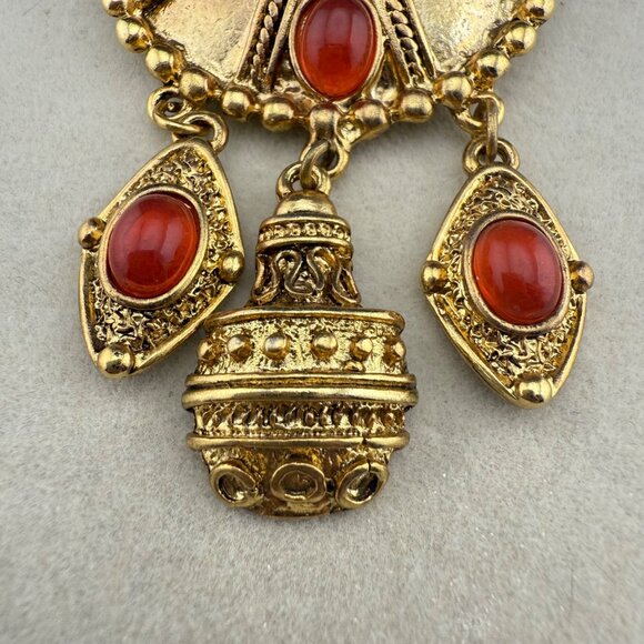 Vintage Gold Tone Brooch With Dangling Ornate Red Cabochons & Intricate Details - Picture 2 of 5